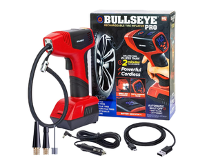 lot 613 image: Bullseye Pro Tire Inflator 150 PSI Electric Air Compressor Portable Air Pump Car Bike LED 12V DC Red