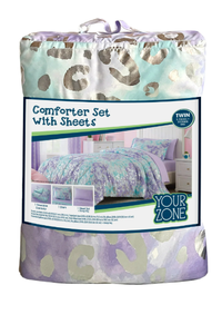 lot 220 image: Your Zone Metallic Foil Cheetah Twin Bedding Set for Kids, Purple, 5 Pieces with Storage Bag