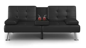 lot 487 image: 65 Inch Convertible Folding Futon Sofa Bed, Black Faux Leather Upholstered Roomy Love Seat