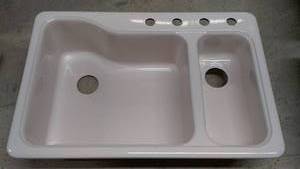 Double Basin Ceramic Kitchen Sink with Faucet Holes - Pinkish Color