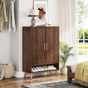 Modern Wooden Shoe Cabinet with Chevron Design and Adjustable Shelves