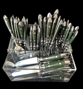 lot 124 image: Stainless Green Accented Flatware in Plastic Caddy