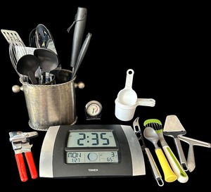 lot 123 image: Variety of Kitchen Helpers  Utensils and Clock