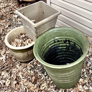 lot 254 image: Three Outdoor Unique Planters in Green, Tan and Olive
