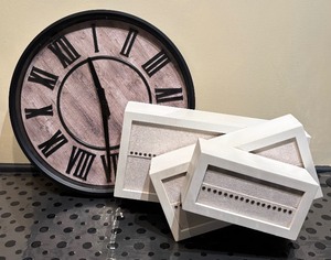 lot 93 image: Office Decor with a Wall Clock and Three White Connected Boxes by Thomas OBrien