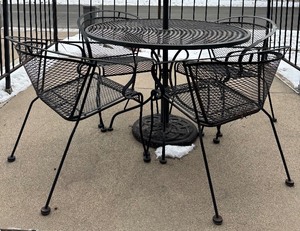 lot 96 image: Black Wrought Iron Outdoor Patio Table and Chairs