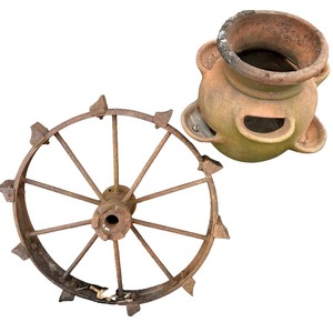 lot 253 image: Rustic Outdoor Decor, Terracotta Strawberry Pot and Cast Iron Wheel