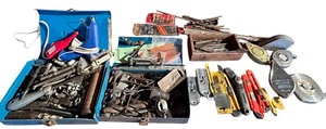 lot 235 image: Large Variety of Tools including Chalk Lines, Utility Knives, Glue Gun, Drill Bits and More