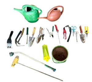 lot 221 image: Spring  Summer Gardening Tools and Decor including Pruners, Green Plant Pot, Transplant Trowels and More