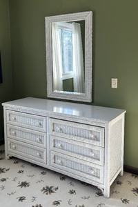 lot 5 image: Vintage White Wicker Dresser and Mirror Wicker by Henry Link