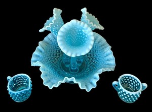 lot 54 image: Fenton Sea Blue Hobnail Opalescent 3 Horn Flower Epergne Vase and Vintage Fenton Blue Opalescent Hobnail Mini Sugar Creamer Set