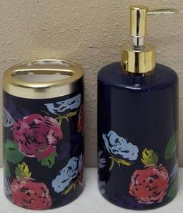 lot 15 image: 2 Piece Bath Accessory Set - Blue with Floral Print & Gold Trim (View Photo)