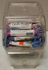 lot 58 image: Crafters Treasures - Vintage Ferrara Pan Candy Container  Ideal for Storage, Variety of Metallic Needle Point Yarn, Metallic Cord & More (View Photos)