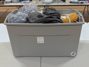 lot 67 image: 45 Gallon Tote Filled with Mixed Plush (Bedding,Curtains,MatsRugs,Etc) - Tote not included