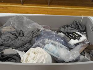 lot 70 image: 45 Gallon Tote Filled with Mixed Plush (Bedding,Curtains,MatsRugs,Etc) - Tote not included