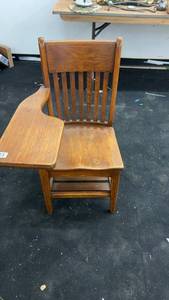 lot 143 image: Vintage Wooden School Chair with Attached Writing Desk