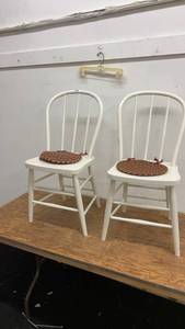 lot 194 image: Pair of White Spindle Back Wooden Chairs with Cushions