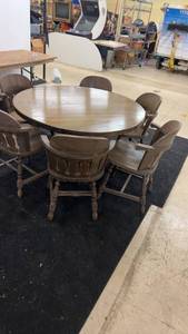 lot 228 image: Vintage Round Dining Table with 6 Matching Wooden Chairs