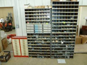 lot 171 image: Bolt Bins x 4 Gray With Boxes of Pipe Hangers
