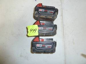 lot 449 image: Milwaukee Red Lithium Batteries x3, M18, XC 5.0, 3 Batteries Total One Price