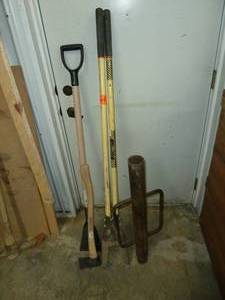 lot 660 image: Post Hole Digger, Steel Post Driver, Ax, Scraper