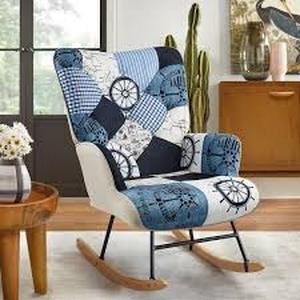 Hochwertiges Blue Fabric Upholstered Rocking Chair Nursery Rocker Glider Wingback Armchair with Solid Wood Legs Customer Returns See Pictures