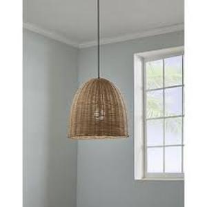 Hampton Bay Highler 1-Light Matte Black Island Pendant Light with Natural Rattan Shade Customer Returns See Pictures