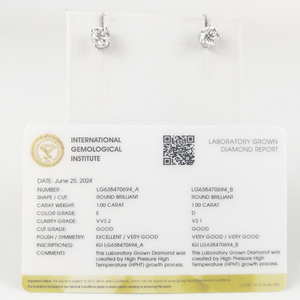 Pair of LAB GROWN DIAMOND STUD EARRINGS IN 14K WHITE GOLD - 2.00ct total weight - IGI LAB REPORTS Estimated Replacement Value $3500 Low Reserve