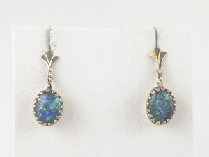 Oval Cabochon Cut Opal 14K Yellow Gold Dangle Earrings. Estimated Replacement Value $800 Low Reserve