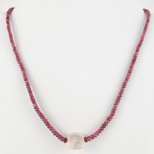 Genuine Faceted Ruby With Pink Quartz Accent Sterling Silver Bead Necklace.