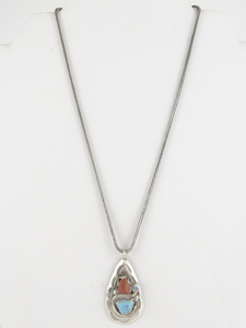 Effie Calavaza Zuni  Turquoise & Coral Snake Sterling Silver Pendant Necklace