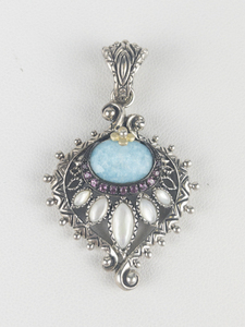 Barbara Bixby Turquoise, Mother of Pearl, & Rhodolite Peacock Feather sterling and 18K yellow gold Enhancer. Estimated Replacement value $150