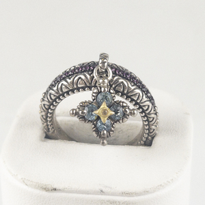 Barbara Bixby Blue Topaz & Pink Rhodolite Dangle Flower Charm Sterling And 18K Yellow Gold Ring Estimated Replacement Value $230. Size 10 - 10.25.