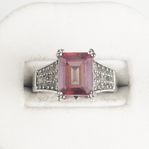 Lab Grown Pink Sapphire Emerald Cut With Butterfly Accents Sterling Silver Ring. Size 6.75 - 7.