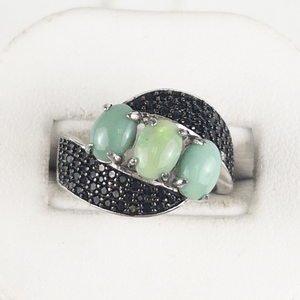 Jain Guarav Colored Treated Green Opal & Black Gemstone Sterling Silver Statement Ring . Size 6.75 - 7.