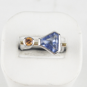Lab Grown Blue & Orange Sapphire() Abstract Two-Tone Sterling Silver Statement Ring . Size 10 - 10.25.