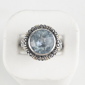 Round Checkered Cut Blue Topaz Sterling And 18K Yellow Gold Statement Ring . Size 7 - 7.25.