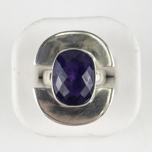Checkered Cut Amethyst Abstract Sterling Silver Statement Ring . Size 6.75 - 7.