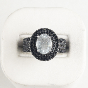Jain Guarav Black Spinel & AquamarineBlue TopazSterling Silver Statement Ring . Size 7 - 7.25.