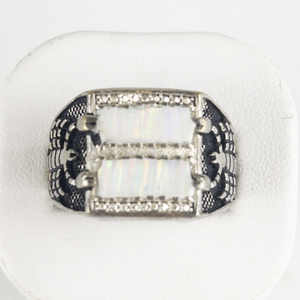Scorpion Banded White Rainbow Stone Antiqued Silver Tone Base Metal Ring. Size 12.5 - 12.75.