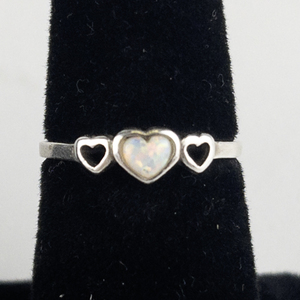 White Opal Triple Heart Sterling Silver Ring. Size 7.75 - 8.