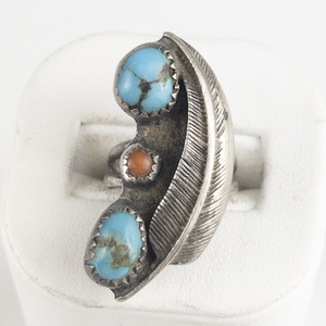 (Navajo) Turquoise &amp Coral Feather Sterling Silver Pinky Ring. Size 4 - 4.25.