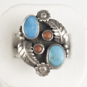 Signed Unidentified Turquoise & Coral Feather Sterling Silver Statement Ring . Size 5.5 - 5.75.