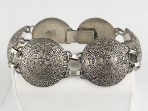 Signed Mexico Heavy Mayan Calander Sterling Silver Panel Bracelet.
