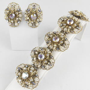 Vintage Borealis Rhinestone & Seed Bead Gold Tone Base Metal Panel Bracelet & Clip-On Earrings.