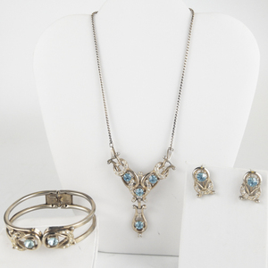 Blue Topaz & White Rhinestone Gold Tone Base Metal Hinged Cuff Bracelet, Necklace & Screw-Back Earrings Set. .