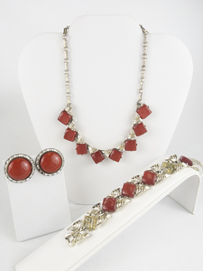 Red Gold Tone Base Metal Bracelet, Necklace, & Clip-On Earrings.
