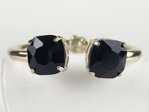 Rounded Black Acrylic Gold Tone Base Metal Hinged Cuff Bracelet.