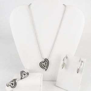 Brighton  Double Heart Silver Tone Base Metal Hinged Cuff Bracelet, Pendant Necklace, & Drop Earrings Set..
