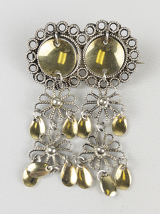 Golden Spoon Double Flower Motif 830 Silver Solje Brooch. Gilt Dangling Disks.